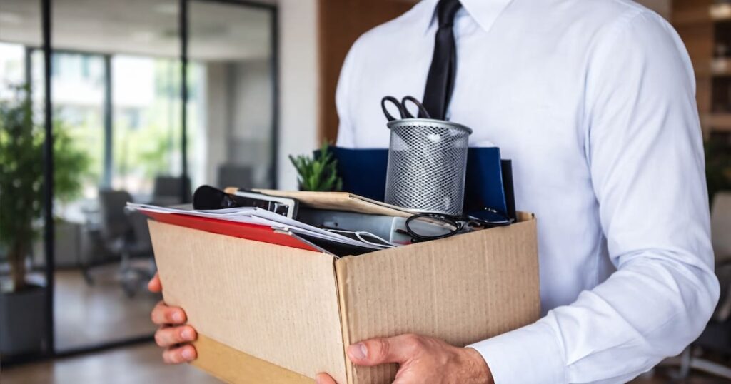 Empleado con una caja de pertenencias al dejar la oficina, en referencia al Fondo de Asistencia Laboral para despidos